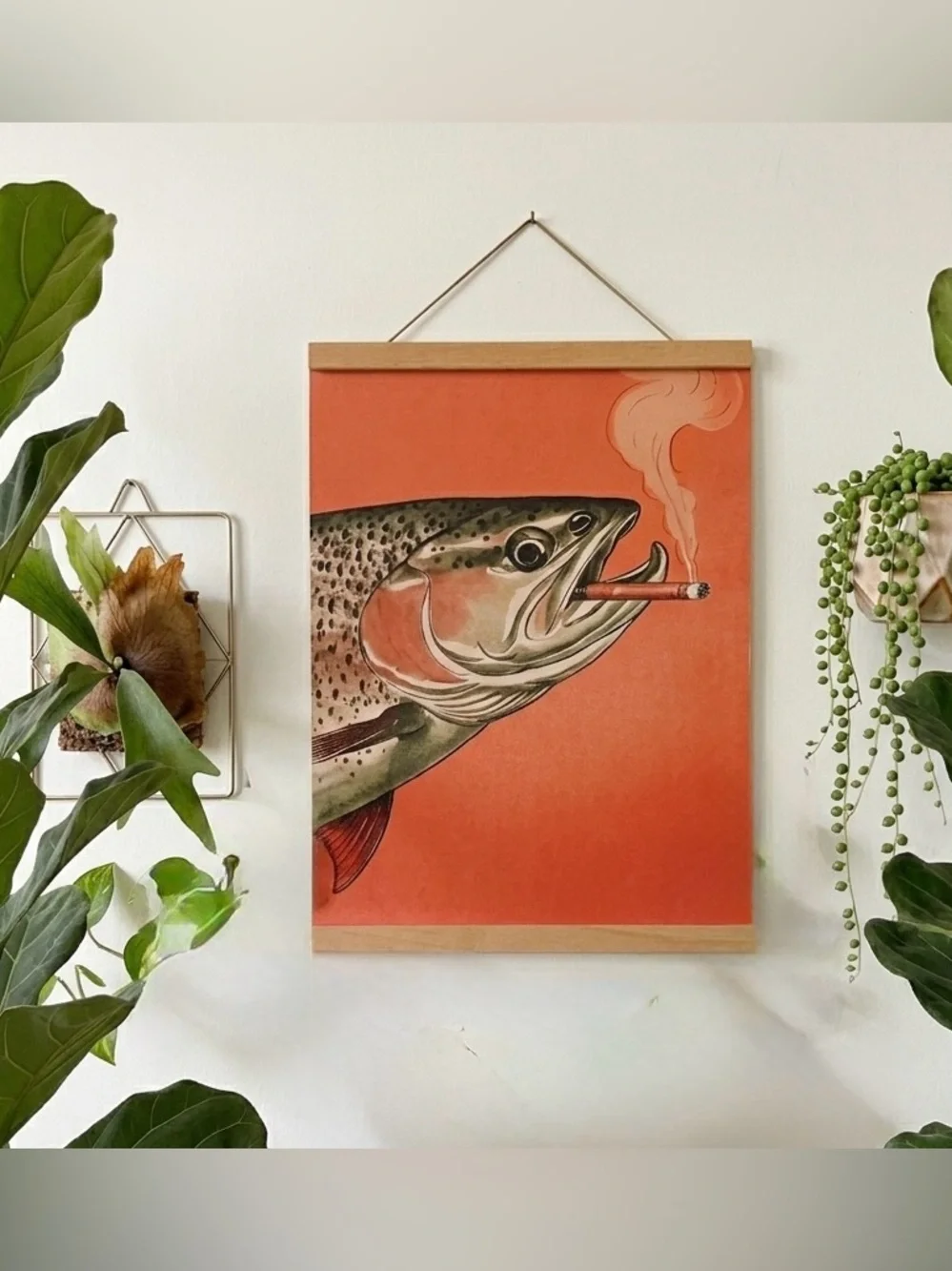 Trout Fish Smoking a Cigarette Vintage Style Canvas Wall Art Print Hanger Framed